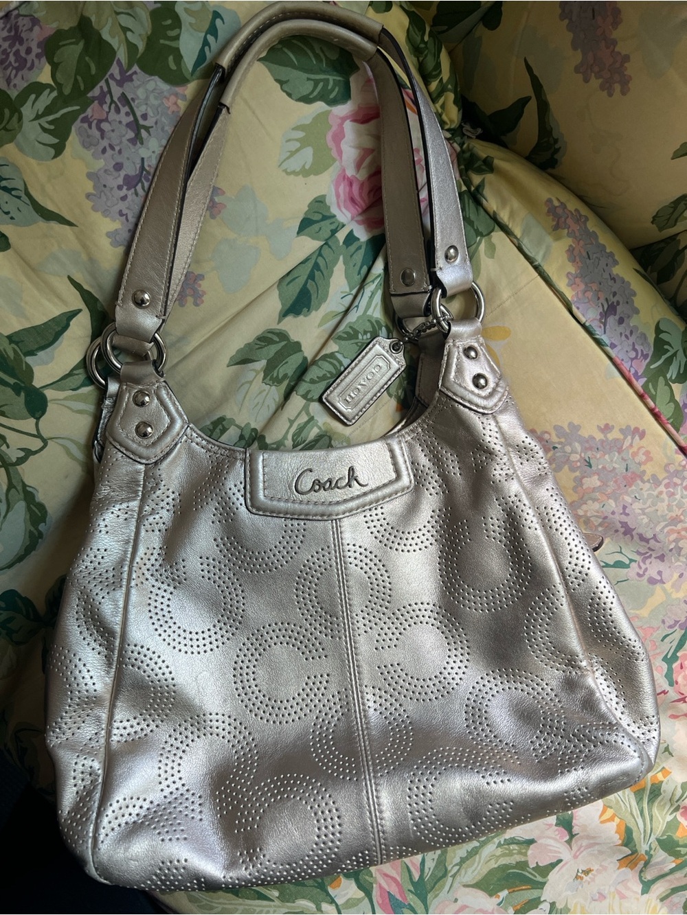 Coach Metallic Silver Perforated Leather Shoulder Bag